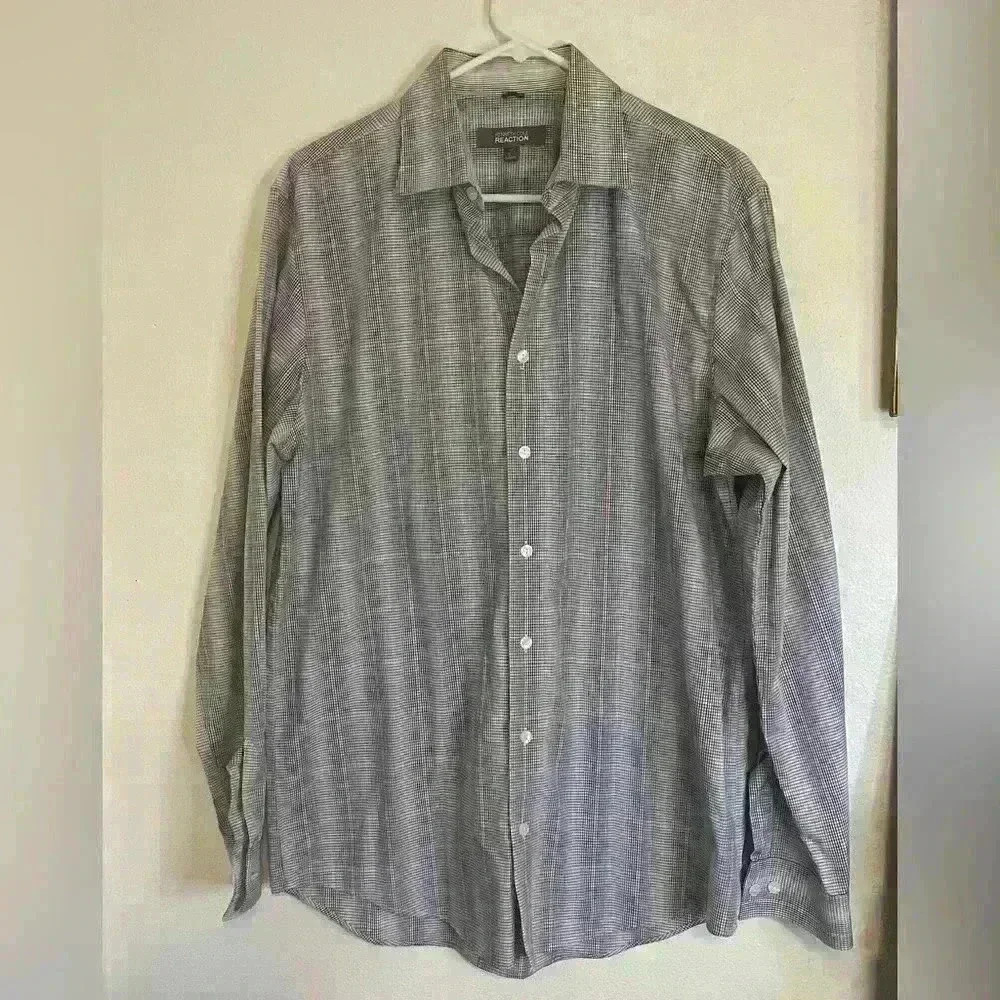 Kenneth Cole Reaction Men's Slim-Fit Blue Plaid Long-Sleeve Shirt size 16 34/35